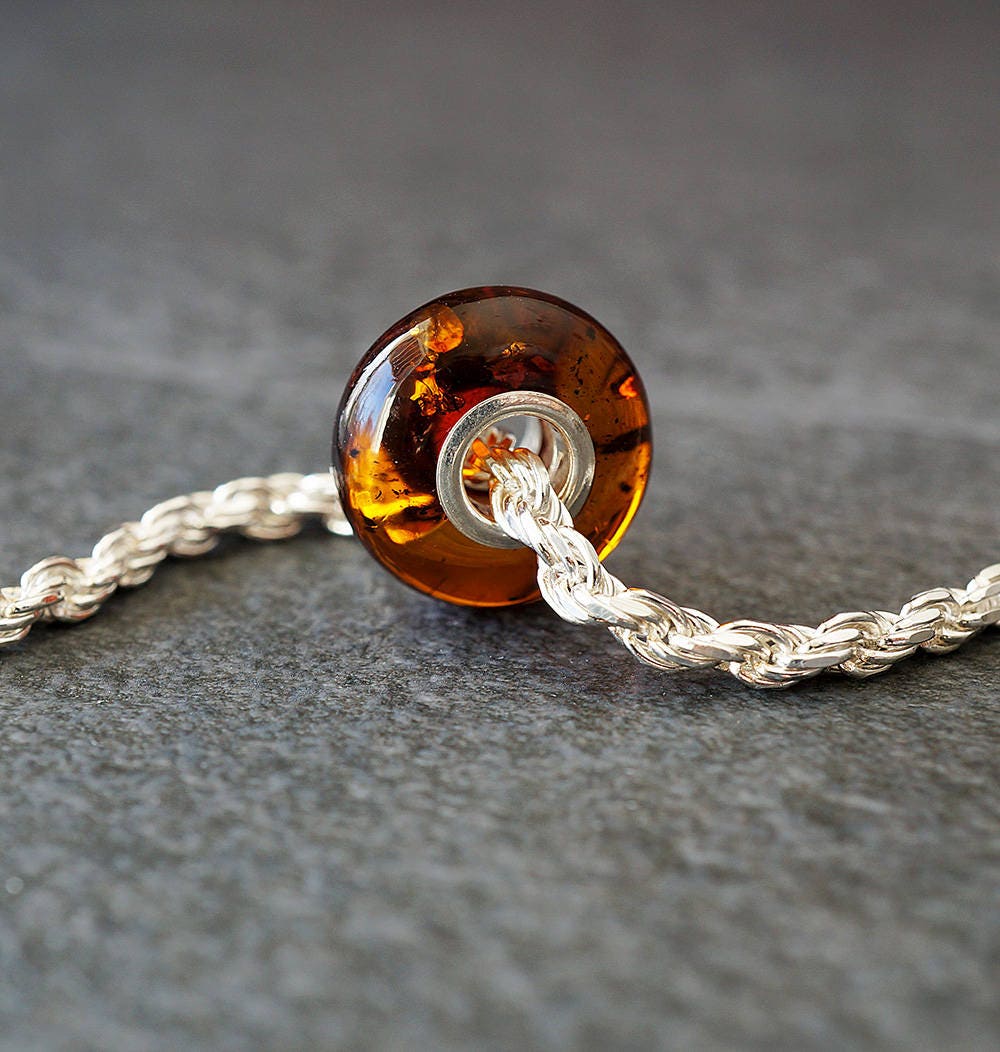 Baltic Amber Bracelet Bead with Sterling Silver Core, Cognac Color