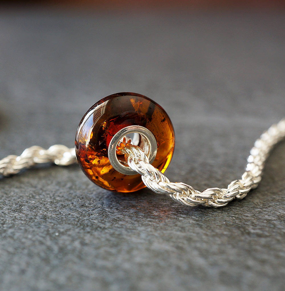 Baltic Amber Bracelet Bead with Sterling Silver Core, Cognac Color