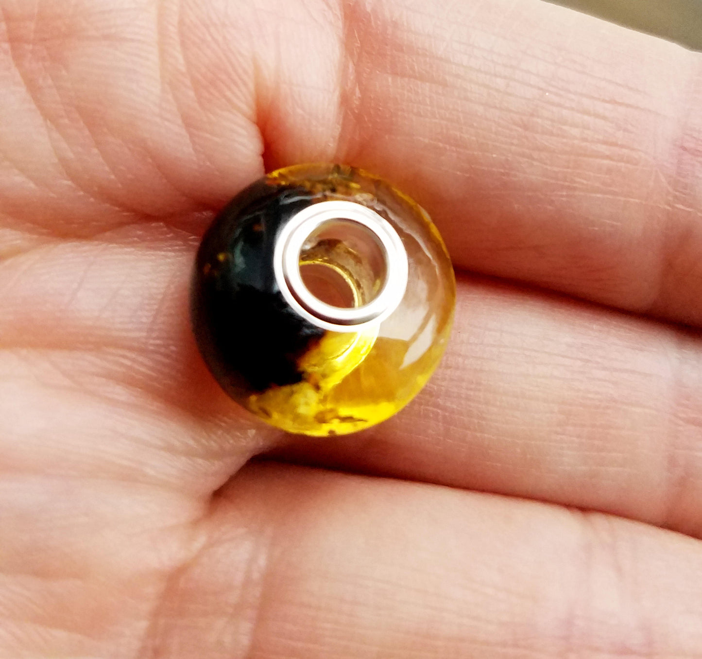 Genuine Baltic Amber Bead with Sterling Silver Core- Black and Light Honey Color