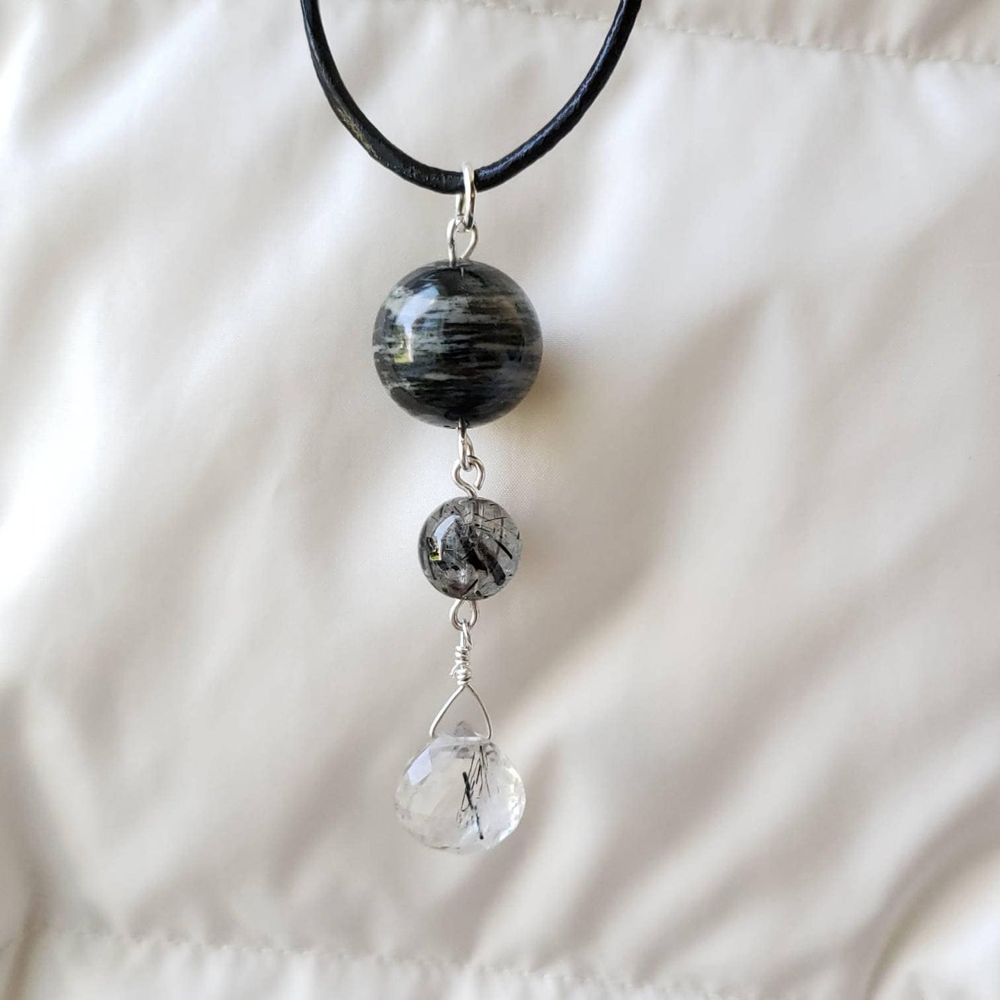 Natural Rutile Stone Pendant Necklace, Gray Jasper Round, Chakra Crystal, 18" Cord Necklace