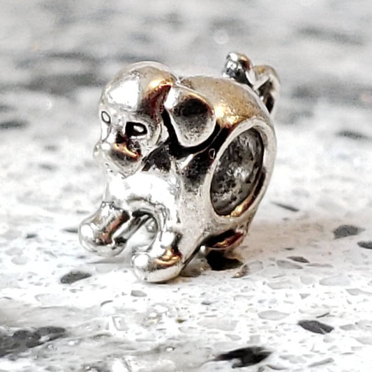 Silver Dog Charm Bead, Sterling Silver Charms, European Bracelet Beads, 12mm x 9.5mm, Gift for Her