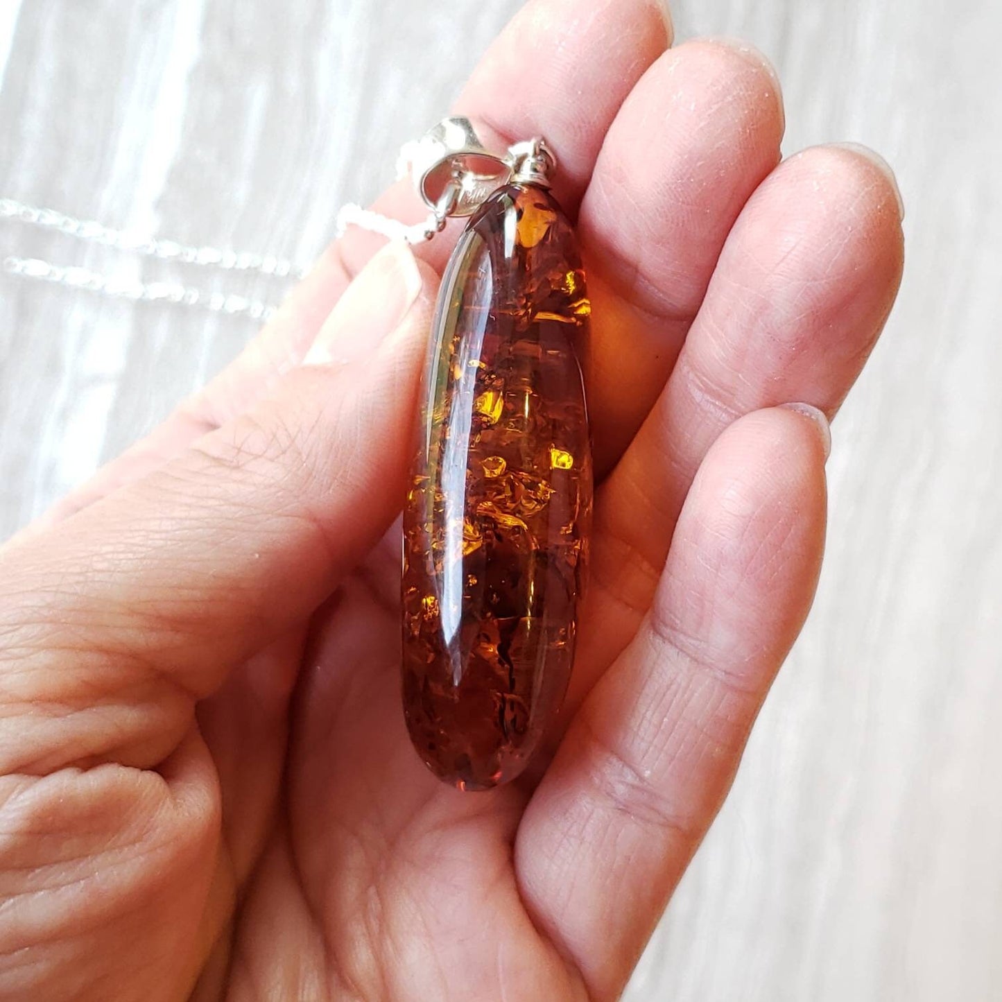 Large Amber Pendant Necklace with Sterling Silver Bail - Cognac Honey Color