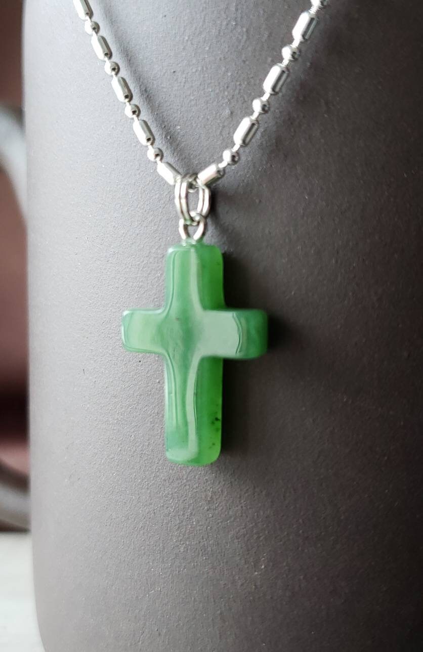 Jade Cross Charm Pendant Necklace 18 Silver Bar and Bead Chain