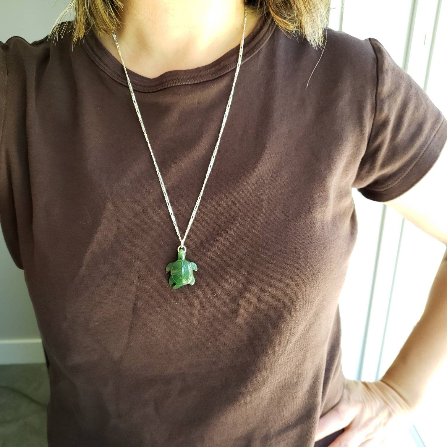 Large green jade turtle necklace