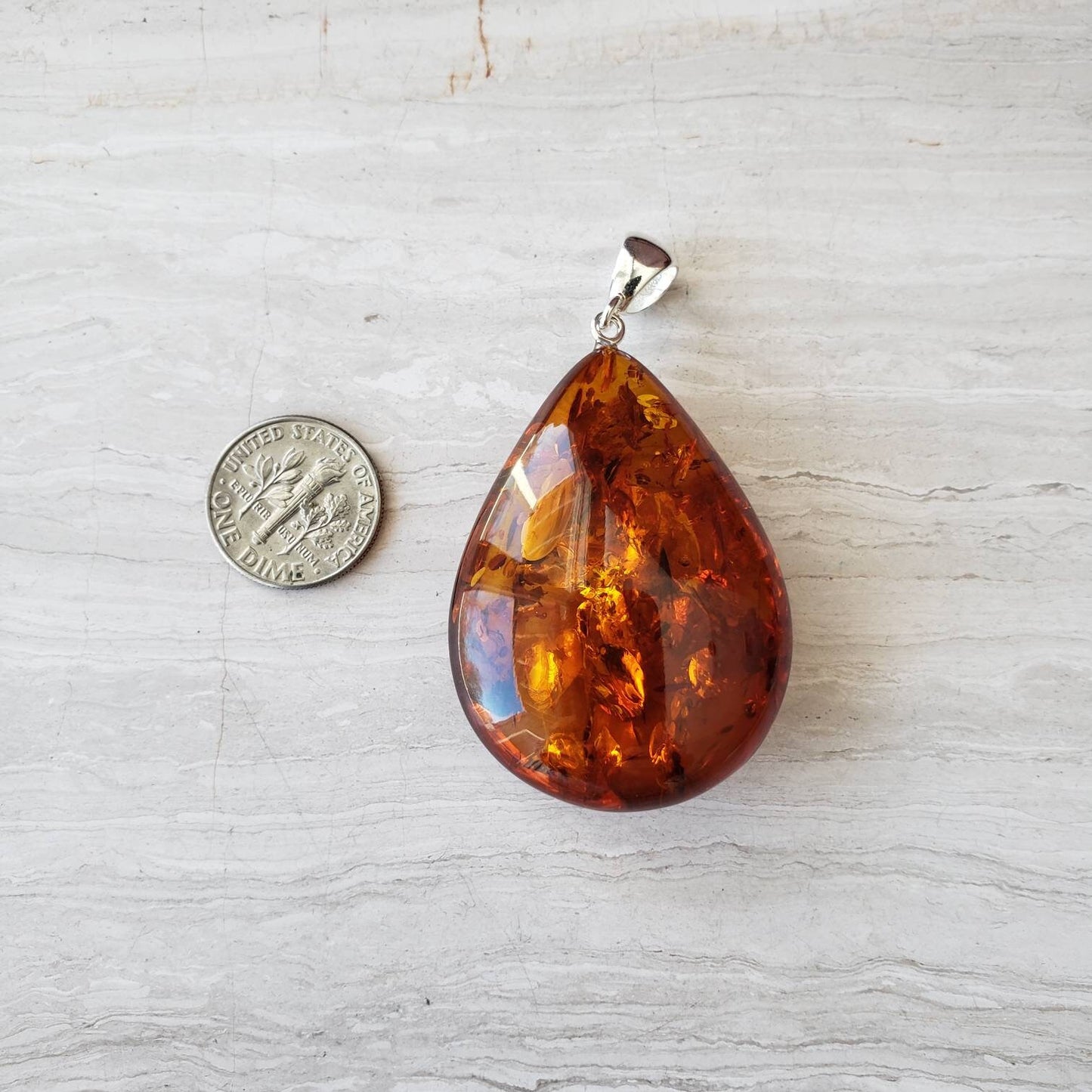 Large Amber Pendant Necklace with Sterling Silver Bail - Cognac Honey Color