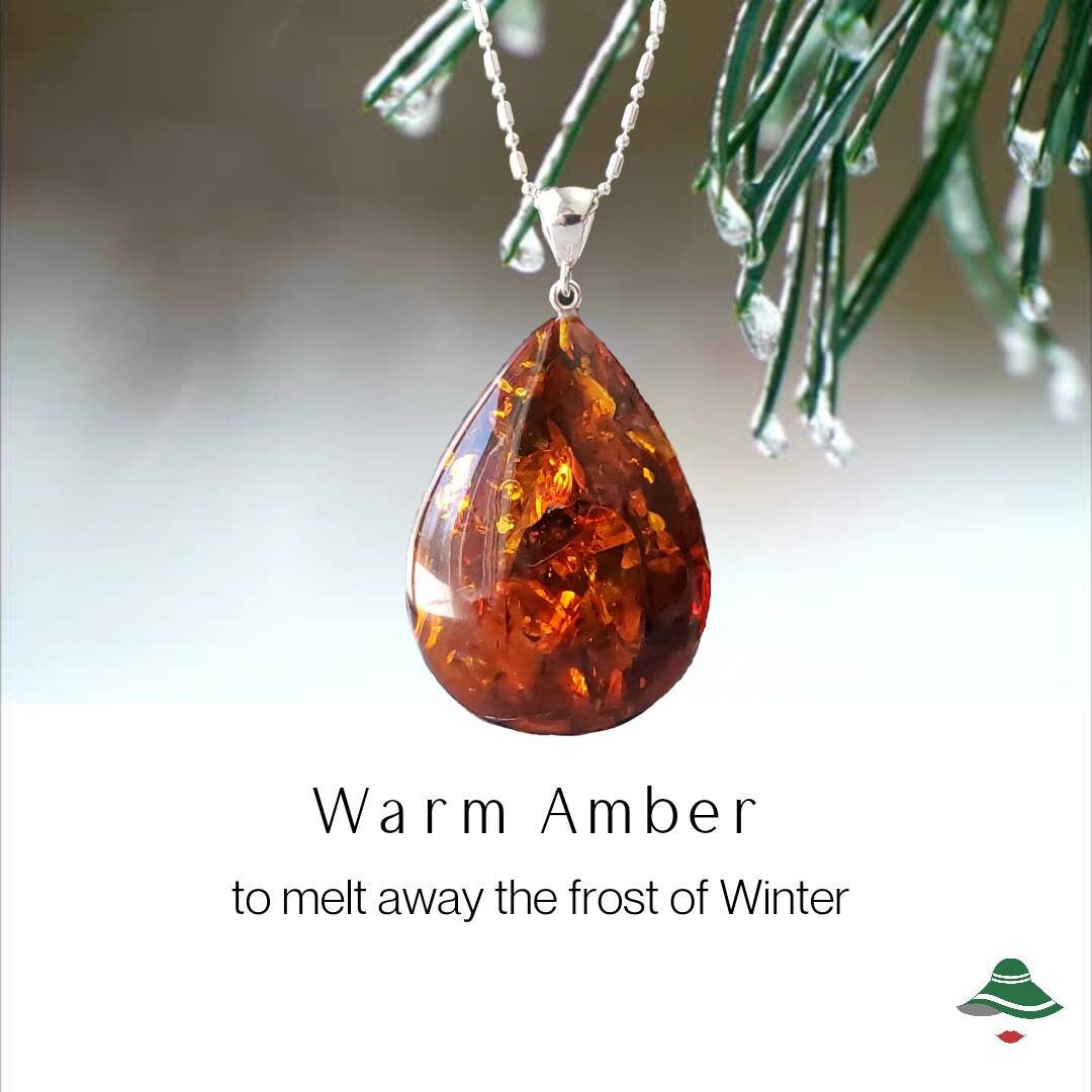 Grand collier pendentif en ambre avec bélière en argent sterling - Couleur miel cognac