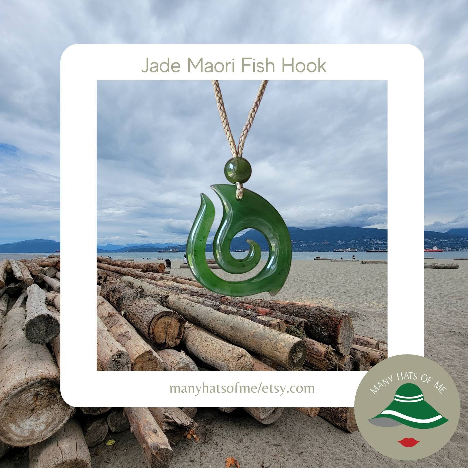 Large Genuine Jade Maori Fish Hook Pendant Necklace