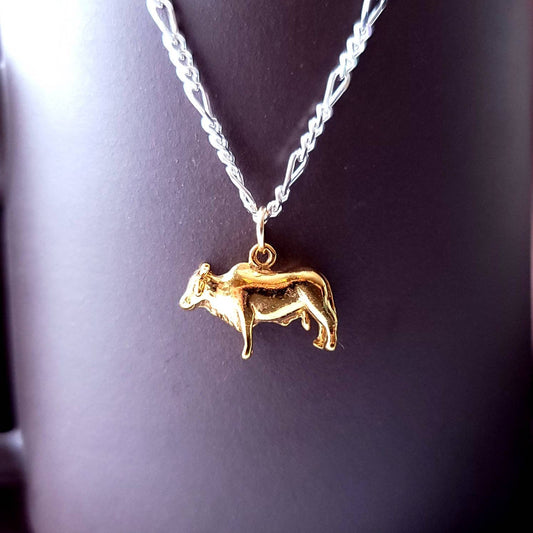 Gold Ox Charm Pendant, Brahman Bull Pendant, Nandi Shiva Pendant, Hindu Bull, Chinese Zodiac Ox, Good Luck Necklace