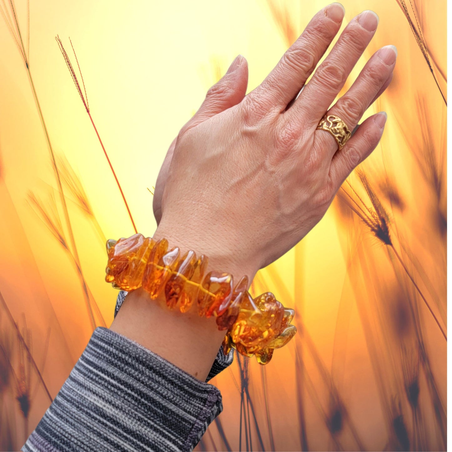 Chunky Amber Bracelet, Statement Bracelet, Bright Honey Color,  7 inches