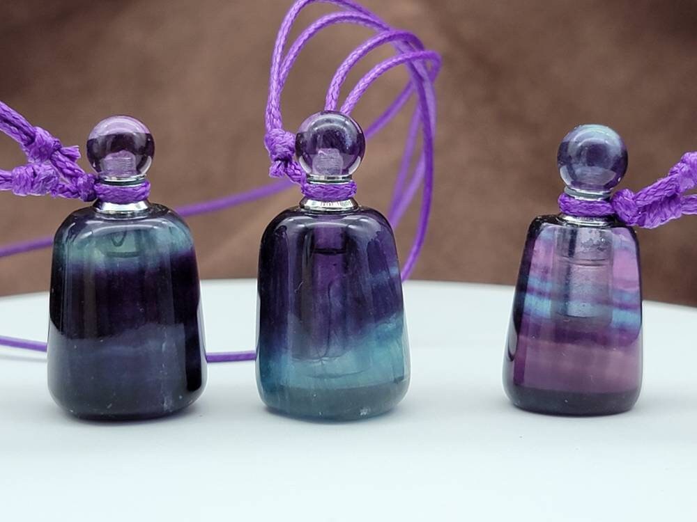 Purple and Green Fluorite Essential Oil Diffuser, Perfume Bottle Pendant,  Stone Necklace, Aromatherapy Necklace, Graduation Gift